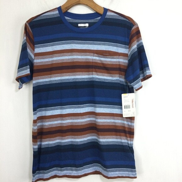 Marmot Mens Red Rock Short Sleeve Stripe T-Shirt Varsity Blue UPF 30 - Picture 1 of 11